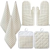 Patelai 7 Pcs Buffalo Check Dish Towels Pot Holders Oven Mitts Set Cotton Plaid Kitchen Dish Towels Non-Slip Heat Resistant Oven Mitts and Pot Holders for Cooking Baking (Light Yellow with White)