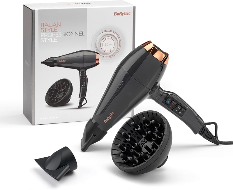 Italian Air Pro Föhn mit Diffusor – Hergestellt in Italien, 2200W Hochleistungs-Haarföhn, Ionen Anti-Frizz-Technologie, 2 Temperatur- und 2 Geschwindigkeitsstufen, Schwarz, 6719DE