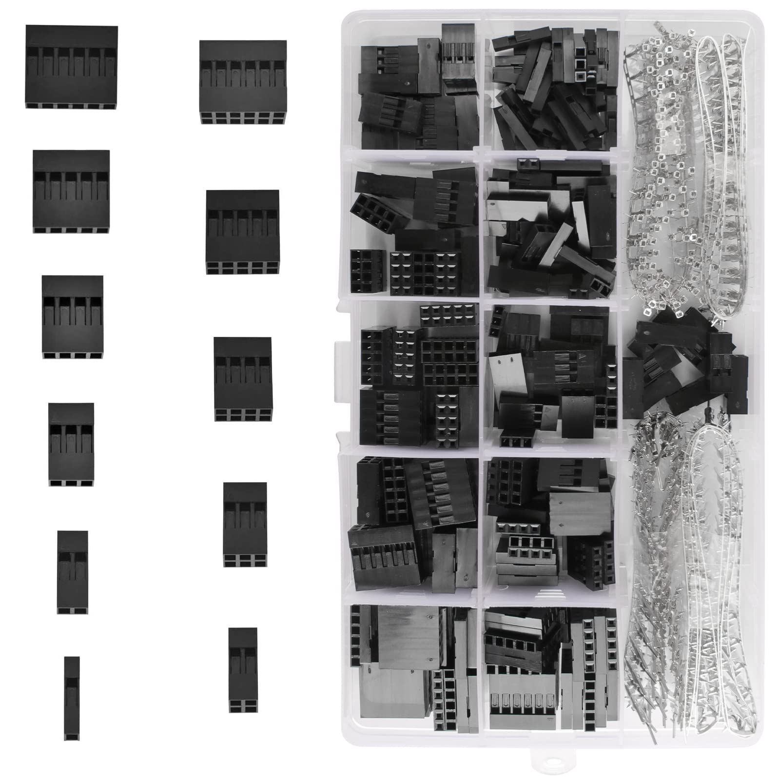 620 Pcs 2.54mm Pitch 1 2 3 4 5 6 Pin JST SM Housing Connector Dupont Male Female Pin Header Crimp Terminal Connector Assortment Kit with a Clear Plastic Box