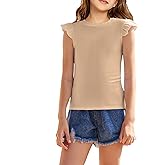 Flypigs Girls T Shirts Ruffle Sleeve Summer Casual Ribbed Knit Crewneck Tee Tops Blouses