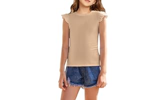 Flypigs Girls T Shirts Ruffle Sleeve Summer Casual Ribbed Knit Crewneck Tee Tops Blouses