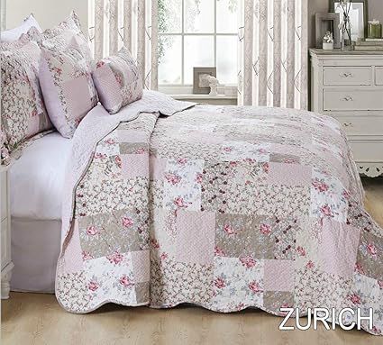 THL Bettwäsche-Set mit Tagesdecke und 2 Kissenbezügen, Patchwork-Design, 235 x 250 cm, Doppelbett / King-Size-Bett, 3-teilige