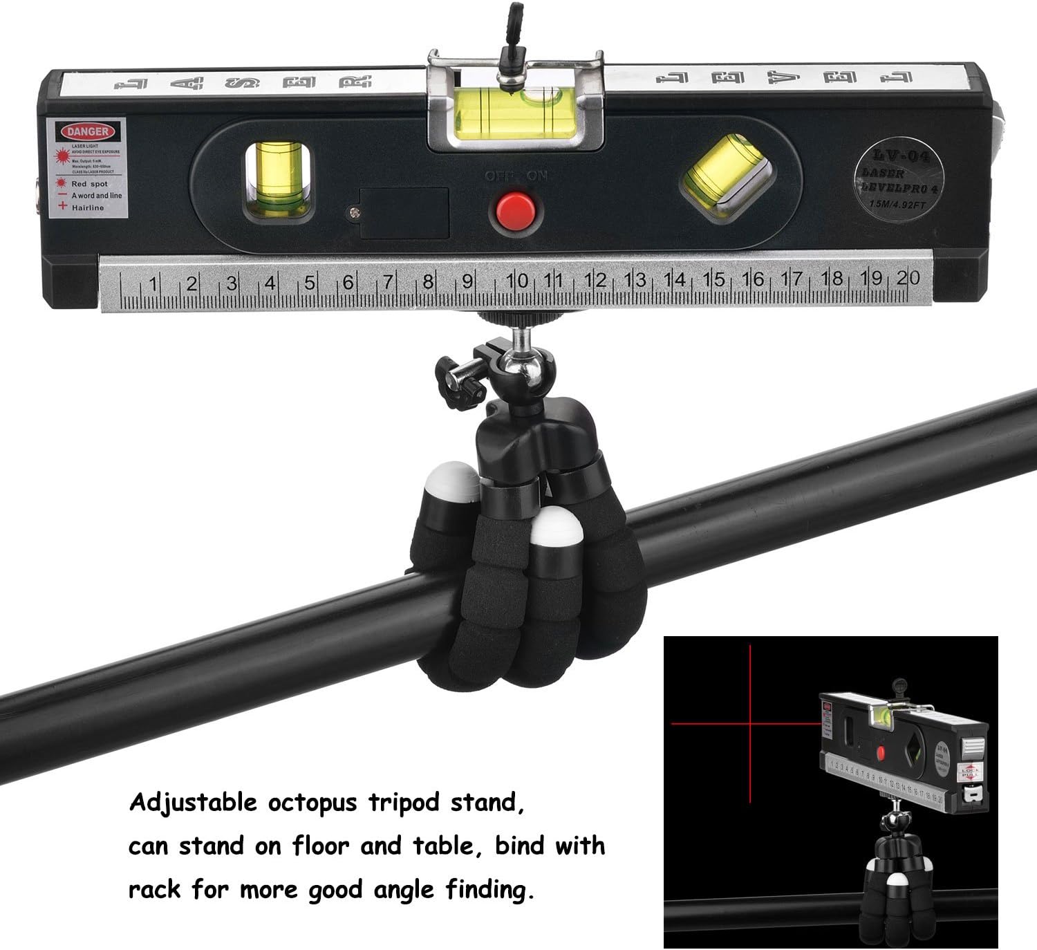 Functional Laser Measure Level Ruler 4.92ft/1.5m Guide Tape Measure Ruler Adjusted Imperial/Metric with Octopus Tripod for All Kind Measuring, Black