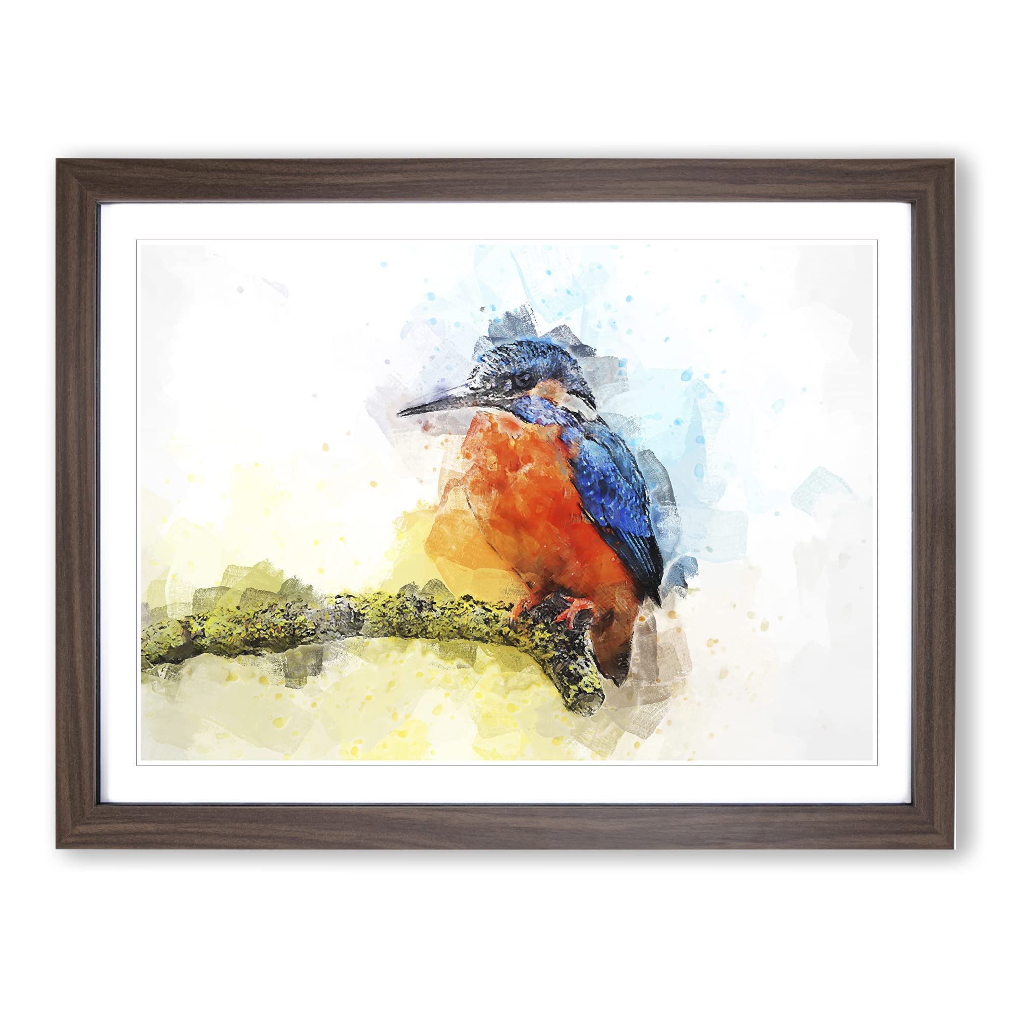 Kingfisher On A Branch In Abstract Modern Art Framed Wall Art Print, Ready to Hang Picture for Living Room Bedroom Home Office Décor, Walnut A4 (34 x 25 cm)