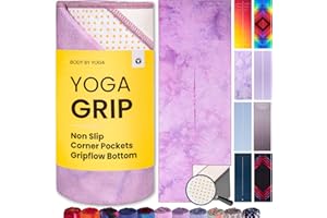 BODY BY YOGA Yoga Grip Yoga Towel - Non Slip Hot Yoga Mat Towel With Corner Pockets, No-Skid Grip, and Built-in Alignment Lines | Soft, Moisture Wicking, and Sweat Absorbent | No Bunching, Stays in Place 72" x 25"