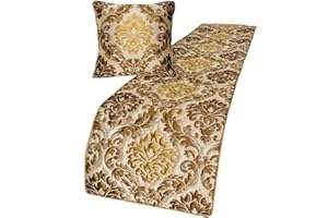 The HomeCentric King Queen Twin Gold & Brown Handmade CA King 86"x18" Bed Runner Without Pillow Cover, Damask & Quilted Bed Scarf on Silk Fabric - Royal Mughal