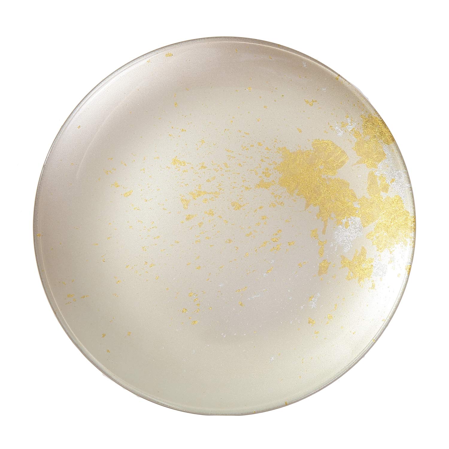 Syosaku Japanese Urushi Glass Flat Dinner Plate Φ11-inch Majestic White with Gold Leaf, Dishwasher Safe