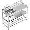 Free Standing Stainless-Steel Single Bowl Commercial Restaurant Kitchen Sink Set w/Faucet & Drainboard, Prep & Utility Washing Hand Basin w/Workbench & Double Storage Shelves Indoor Outdoor (47in)