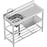 Free Standing Stainless-Steel Single Bowl Commercial Restaurant Kitchen Sink Set w/Faucet & Drainboard, Prep & Utility Washin