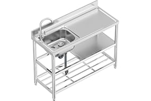 KINGBO Free Standing Stainless-Steel Single Bowl Commercial Restaurant Kitchen Sink Set w/Faucet & Drainboard, Prep & Utility Washing Hand Basin w/Workbench & Double Storage Shelves Indoor Outdoor (47in)