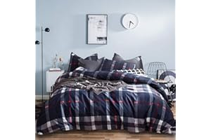 Houseri Blue Plaid Comforter Set (3pcs, Full 80''*90'', Navy Blue, Vintage Style, Bedding Set)