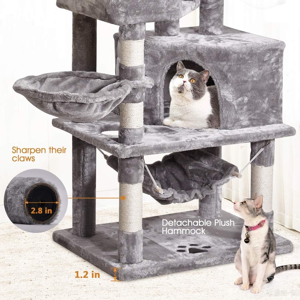 Multi-Level Cat Tree, MQ Cat Tower 57'' with Sisal-Covered Scratching Posts Cat Activity Center Play Furniture, Dual Plush Perch, Dual Cat House Condo & Basket, Removable Hammock for Kittens Large Cat : Pet Supplies