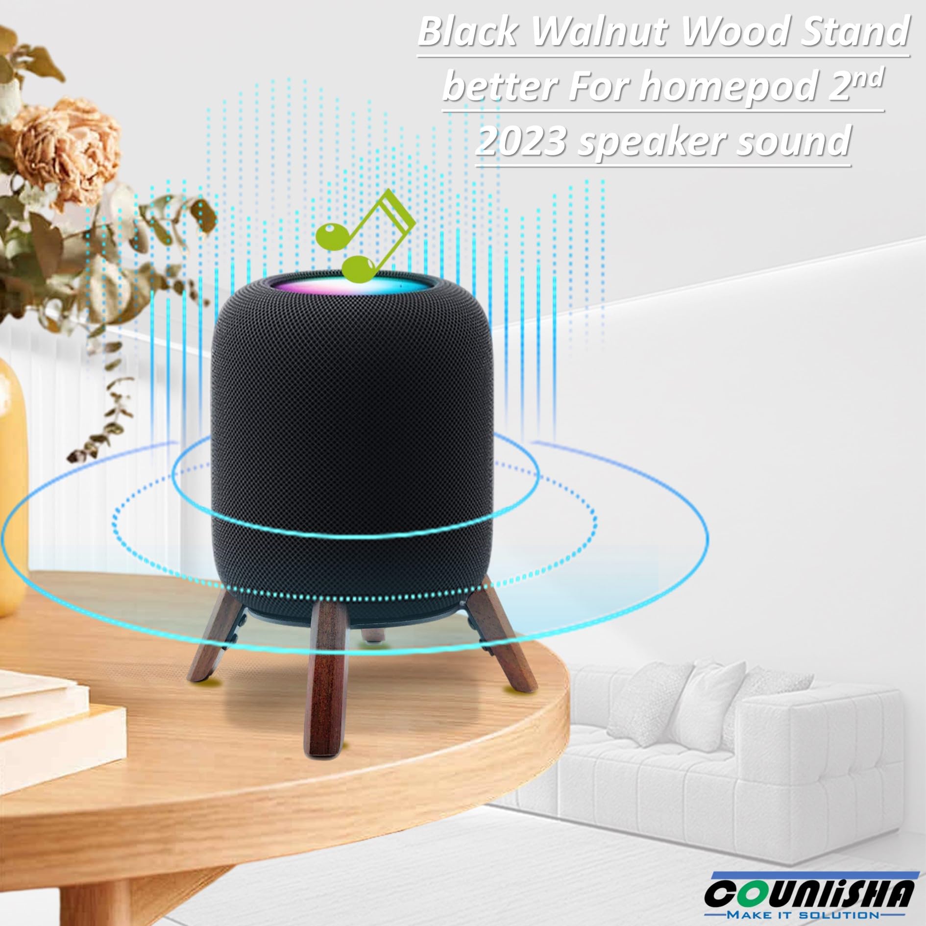 Real Wood Stand for Homepod 2nd gen (2023 Released), Wooden Holder with Metal Frame for Better Sound,Sturdy Stable Mount with Anti-Slip Protects Apple Home pod 2nd Smart Speaker (Walnut)