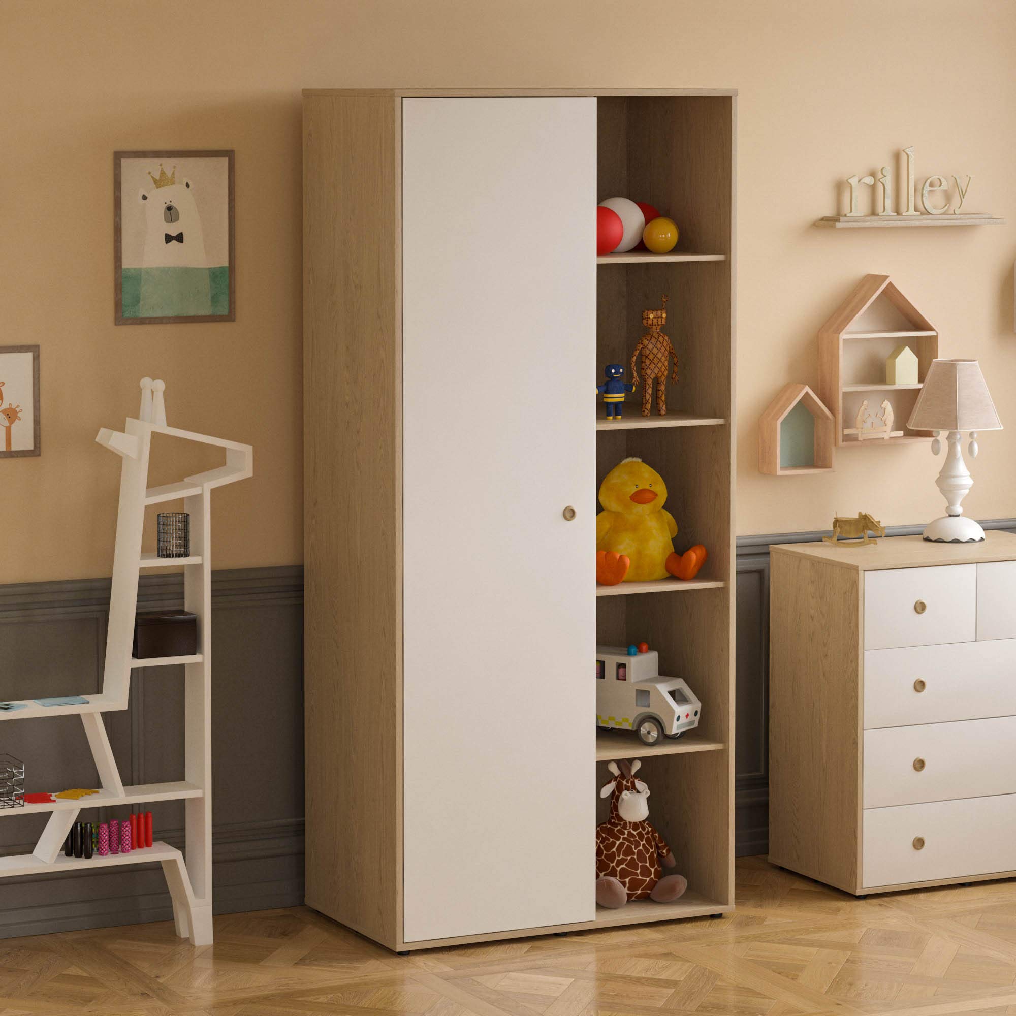 Junior Vida Neptune 1 Door Wardrobe Bedroom Clothes Rail Storage Children's Kids Furniture (White & Oak)