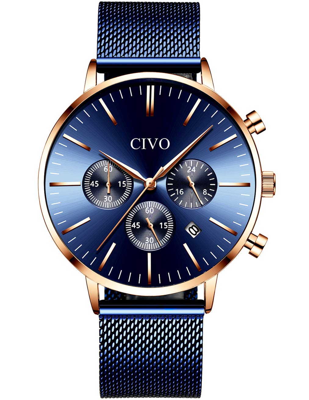 CIVO Men Watches Chronograph Waterproof Stainless Steel Wrist Watches for Men Elegant Business Fashion Men Watch Sports Date Calendar Casual Watch Blue