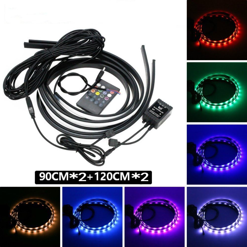 4 Pcs 12V Underbody System Running RGB Colors Strip Light Neon Strip Lighting with Sound Active and Wireless Remote Control(90-120cm)