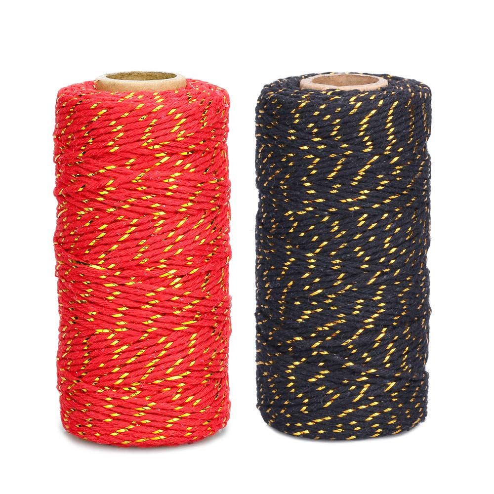 G2PLUS Wrapping String, Red and Black Cotton Twine with Gold String for Gift Wrapping, DIY Crafts, Holiday Tags and Decorations, 2x100M โ image 1