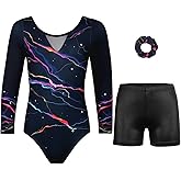 JOYSTREAM Gymnastics Leotards for Girls With Shorts Sparkly Ballet Dance Long Printed Sleeve Outfit
