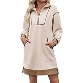 Wenrine Women's Oversized Sweatshirt Dress Half Zip V Neck Long Sleeve Contrast Fall Casual Mini Dresses