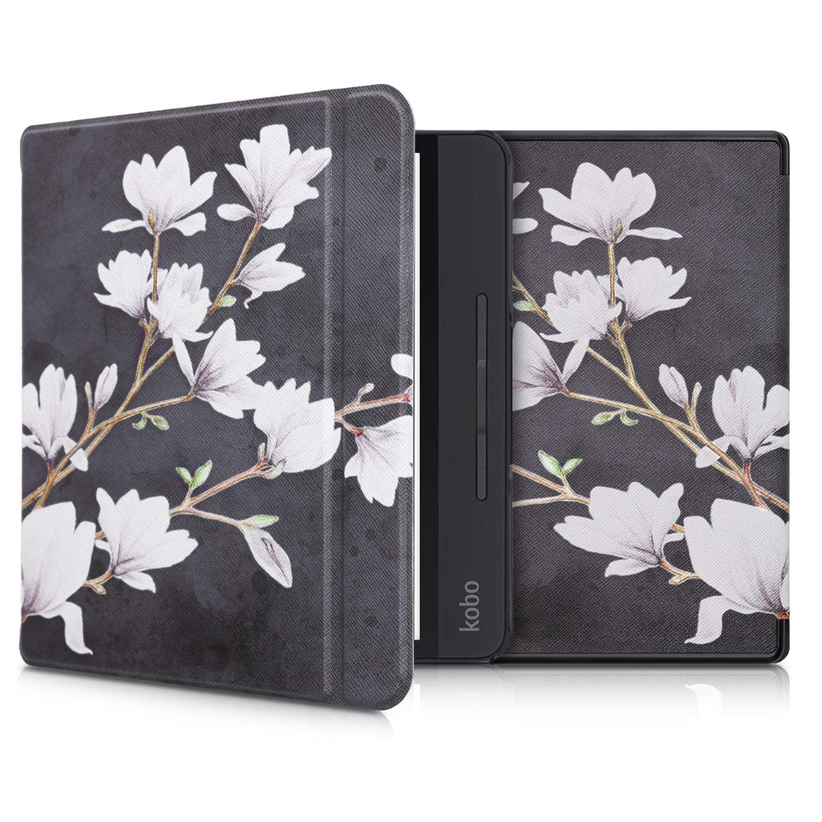 kwmobile Cover for Kobo Forma Case - eReader Cover with auto sleep funktion - Magnolias with Taupe/White/Dark Grey