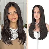 Haloo Brown Wig with Curtain Bangs - Lace Front Hairline Middle Part Long Layered Natural Looking Straight Synthetic Hair Wigs for Women Daily Party, 24 Inch Dark Brown