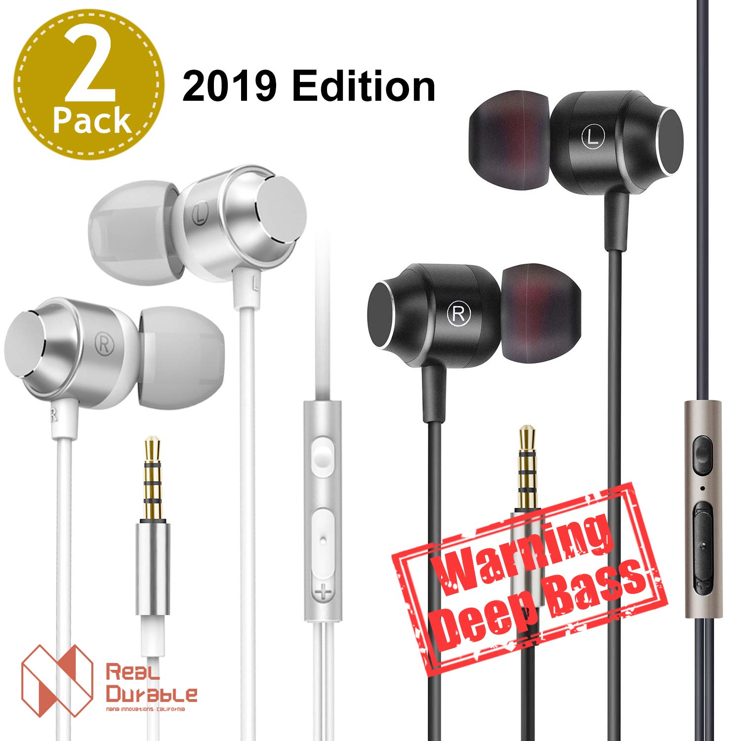 Nana Innovations 3.5mm Wired Earbuds/Earphones/Headphones Noise Isolating with Microphone and Volume Control Powerful Bass for iPhone iPod iPad Samsung HTC Tablets Laptop Mp3 Mp4 Players(Silver+Black)