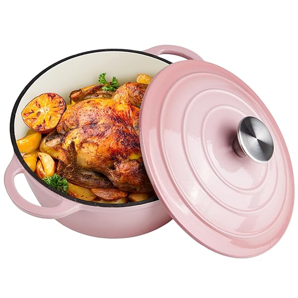 3 QUART DUTCH OVEN ENAMELED CAST IRON WITH LID – BIG DUAL HANDLES – OVEN SAFE UP TO 500°F – CLASSIC ROUND POT FOR VERSATILE COOKING PINK
