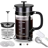 French Press Coffee Maker (34 oz) with 4 Filters - 304 Durable Stainless Steel, Heat Resistant Borosilicate Glass Coffee…