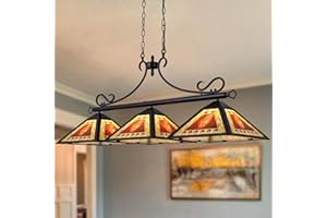 TOCHIC Vintage Pool Table Light, 3-Light Rustic Billiards Light Fixtures with Tiffany Style Leaf Shade for 7, 8, 9 ft Tables, 49.5" Farmhouse Chandeliers for Game Room, Basement, Club, Dining Room