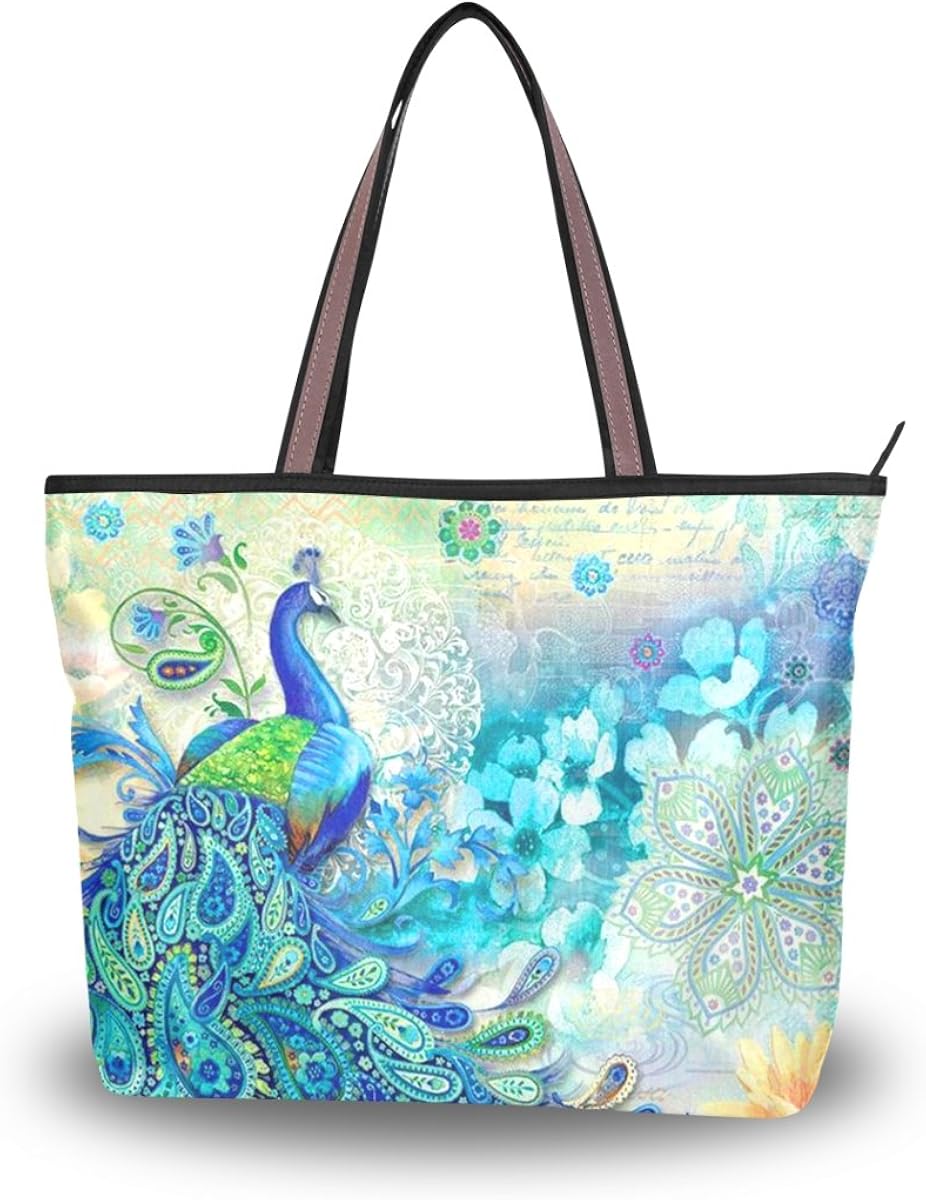 Women Large Tote Top Handle Shoulder Bags Peacock Patern Ladies Handbag