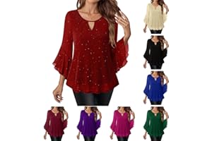 VOGFFR Sparkly Tops for Women 3/4 Length Bell Sleeve Top Elegant Party Double Layered Blouses Keyhole Shirts with Ruffle Hem