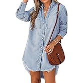 Flvsun Women's Denim Shirt Dresses Long Sleeve Denim Shirt Button Down Blouse Casual Tunic Tops