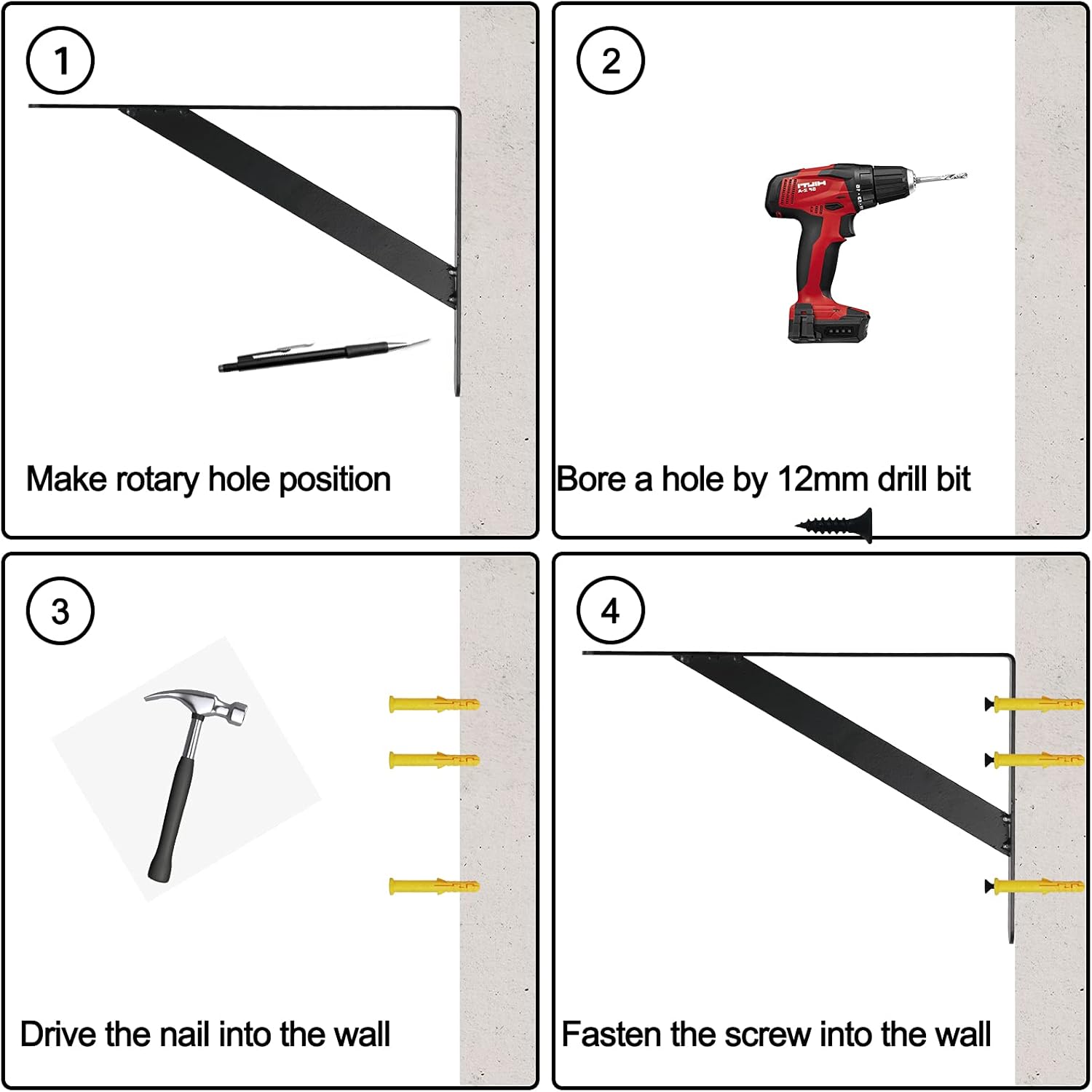 Countertop Support Brackets, 12" x 8" Heavy Duty Shelf Bracket, 1/8” Thick Solid Metal Wall Mounted Shelving Brackets for Bar Tops Table Desk, Black: Home Improvement
