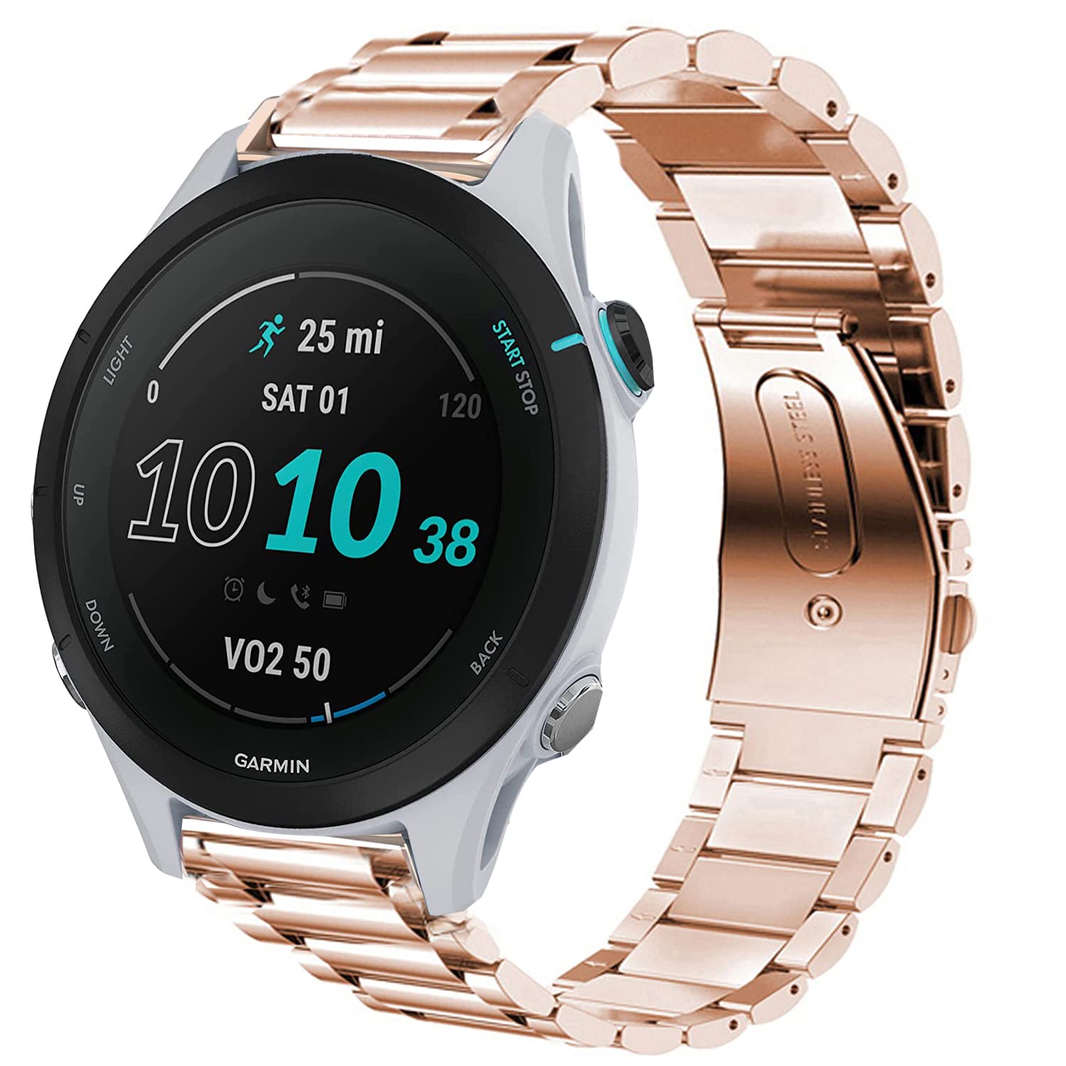 Compatible for Garmin Forerunner 255 Band, onetuo Quick Release Stainless Steel Metal Replacement Straps Compatible with Garmin 255 46mm / 255S 41mm Smartwatch (41mm Forerunner 255S, Rose Gold)