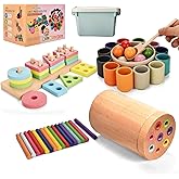 Montessori Toys for 1-3 Year,3 in 1 Wooden Learning Fine Motor Skills Toys Rainbow Color Sorting Toy for Toddlers - Preschool