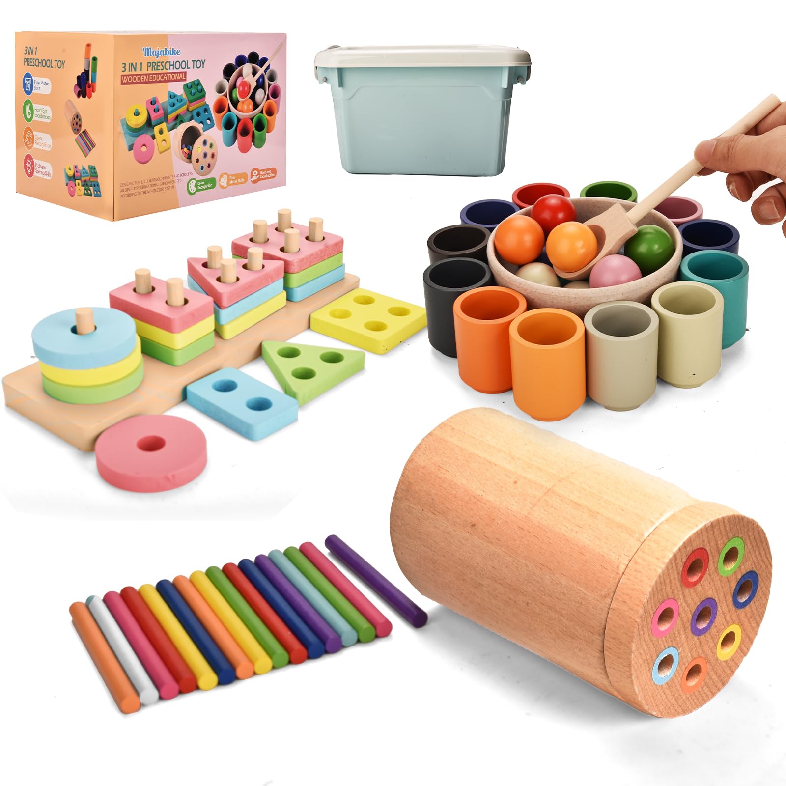 Montessori Toys for 3 Year,3 in 1 Wooden Learning Fine Motor Skills Toys Rainbow Color Sorting Toy for Toddlers - Preschool Matching, Educational Color Recognition ShapeSorter Boys Girls Gifts