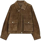 CUFEZN Womens Faux Leather Cropped Bomber Jacket Casual Vintage Zip Up Stand Collar Motorcycle Short Coat Jacket with Pockets Brown Small