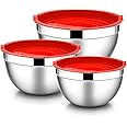 E-far Mixing Bowls with Lids, 6-Piece Stainless Steel Salad Bowls Metal Nesting Bowls for Baking Cooking and Prepping, Airtight Lids & Stackable Design, Size 4.5, 3, 1.5 QT (Red)