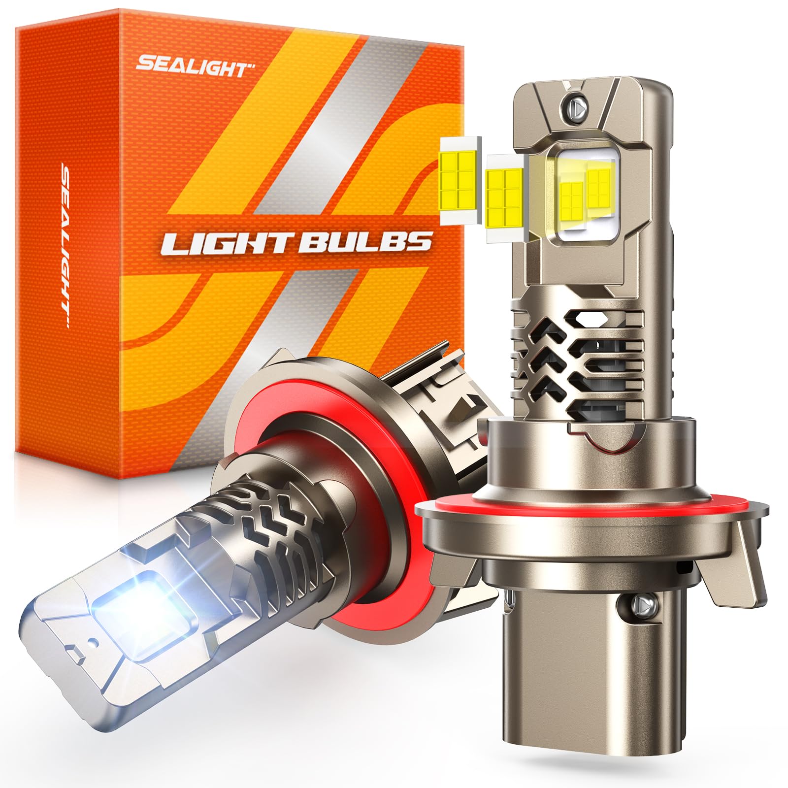 SEALIGHT H13/9008 LED Light Bulbs Hi/Low Beam, 10X Super Brighter, 1:1 Halogen Size, 6500K Cool White, 70,000Hrs Long Service Life with Cooling Fan, Plug and Play, Pack of 2 Image