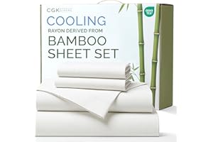 CGK UNLIMITED Bamboo Sheets Queen Size - Cooling Sheets for Queen - 100% Rayon Derived From Bamboo - Ultra Soft, Breathable & Hotel Luxury Bedding - 1 Flat & 1 Fitted & 2 Pillowcases w/ 16 Inch Deep Pockets - White