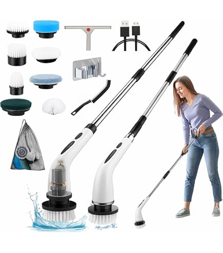 Cordless Electric Spin Scrubber – IPX7 Waterproof, 8 Brush Heads, Dual Speed, Extendable Handle For Bathroom & Kitchen
