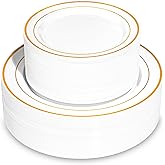 Pryntono 100PCS Gold Plastic Plates, Disposable Party Plates with Gold Rim, Include 50 Dinner Plate and 50 Elegant Dessert Plate for Party and Wedding