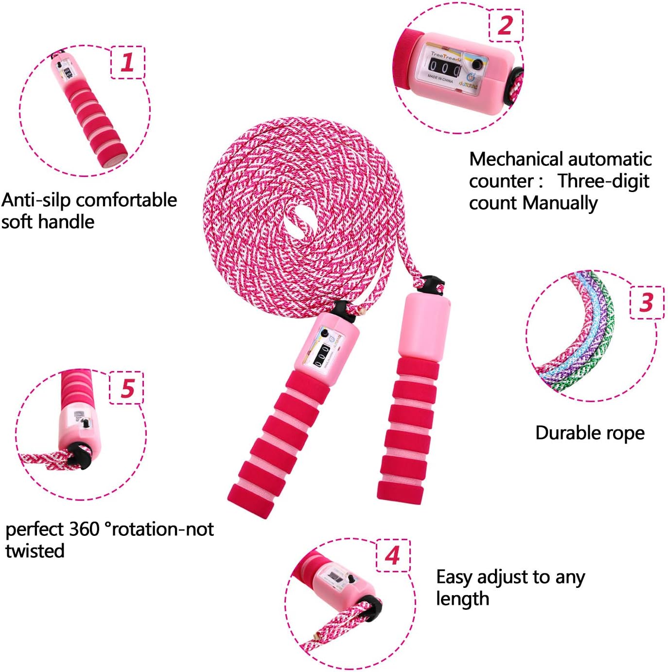 KONVINIT Skipping Rope for Children,Jump Rope Kids Adjustable with Counter and Comfortable Anti-Slip Handles Gifts for Boys and Girls,Pink - Image 5