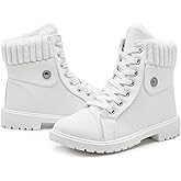 Waluzs Women's White & Black Ankle Combat Boots - Fuzzy Lace Up Snow Boots For Winter