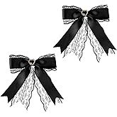 BOHUIZ 2 Pcs Black Lace Hair Bow Clips for Women, Cute Lace Bows for Hair with Tail Ribbon for Wedding Halloween Gothic Dress Decor Accessories Gift