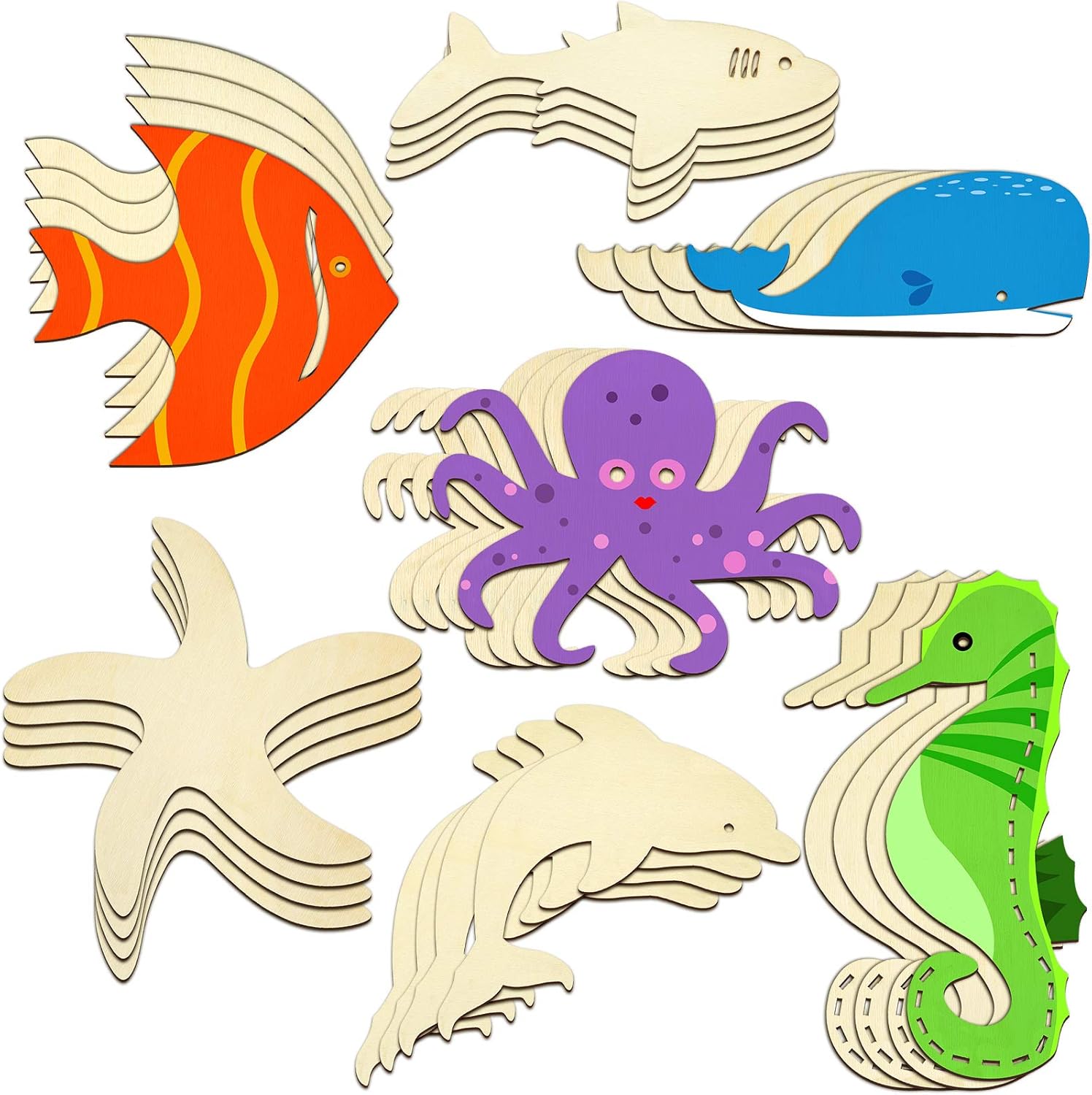 28 Piece Unfinished Wood Cutouts Ocean Animals Wooden Paint Crafts for Kids Home Decor Ornament DIY Craft Art Project, Octopus, Shark, Whale, Dolphin, Seahorse, Fish, Starfish Shape