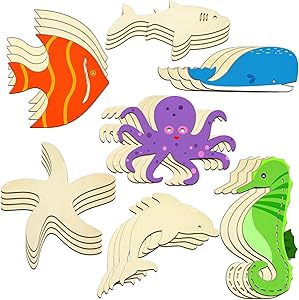 28 Piece Unfinished Wood Cutouts Ocean Animals Wooden Paint Crafts for Kids Home Decor Ornament DIY Craft Art Project, Octopus, Shark, Whale, Dolphin, Seahorse, Fish, Starfish Shape