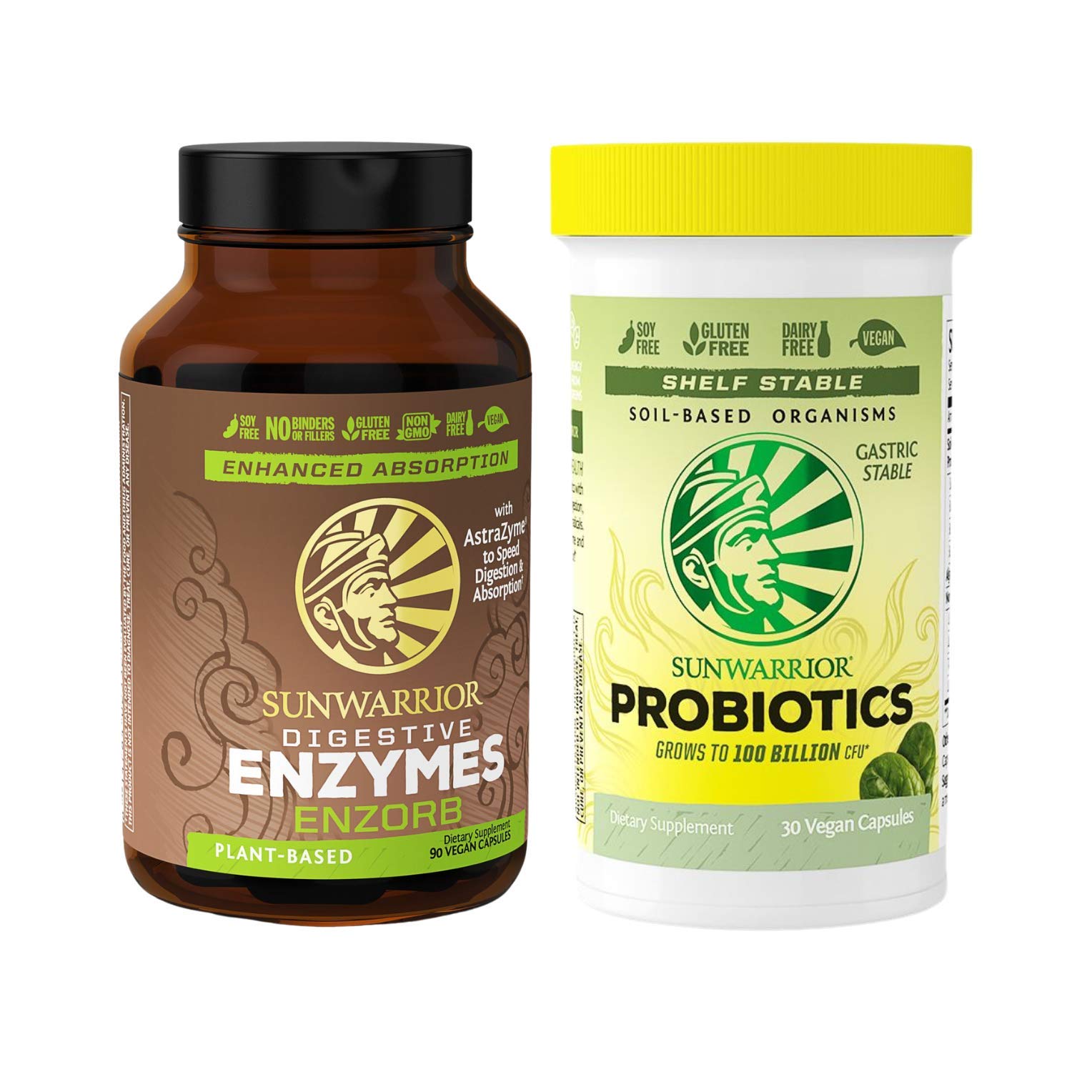 Sunwarrior Enzorb - Plant-Based Vegan Digestive Enzymes Bundle with Probiotics , Probiotics Plant Grows to 100 Billion CFU, 30 Caps, Essential Supplements to Support Optimal Health