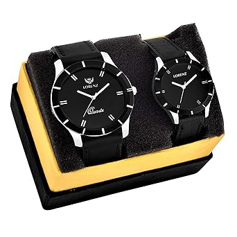 Lorenz AM-1 Black Analog Leather Strap Couple Watch Combo