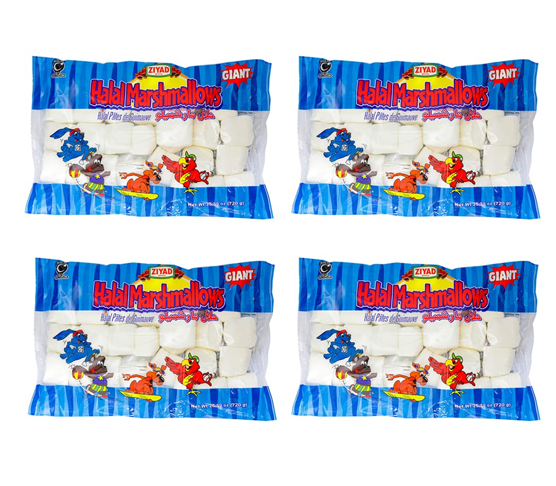 Ziyad Gourmet Halal Giant Marshmallows in Jumbo Bag, Delicious Sweet Treat, Pork-Free, Egg-Free, Dairy-Free, Gluten-Free, Perfect for Holidays and S’mores! 25oz (Pack of 4) Image